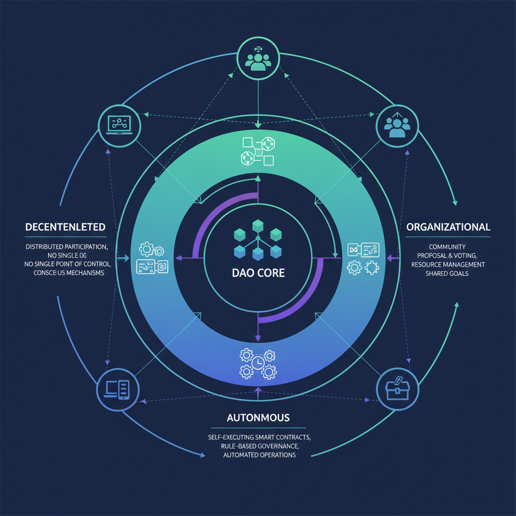 Diagram demonstrating the decentralized, autonomous, and organizational aspects of a DAO.