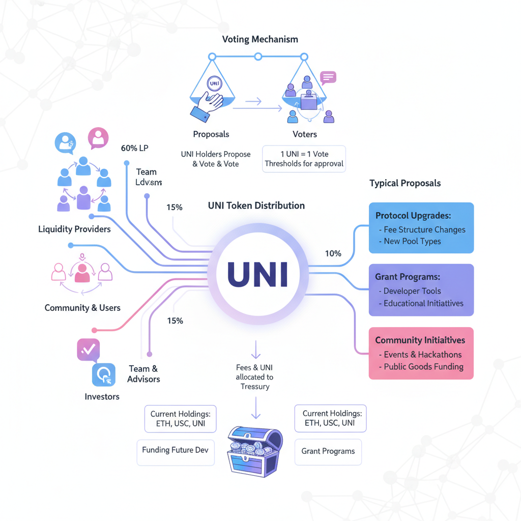 Illustration of Uniswap DAO's operation, highlighting UNI token distribution, voting mechanism, treasury information, and typical proposals.