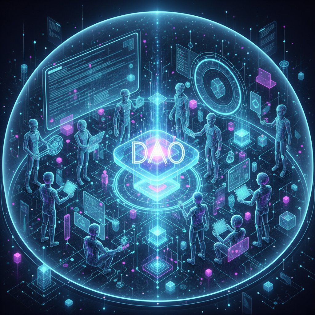 A futuristic digital group of people and robots cooperating with digital assets, representing the concept of a Decentralized Autonomous Organization (DAO).