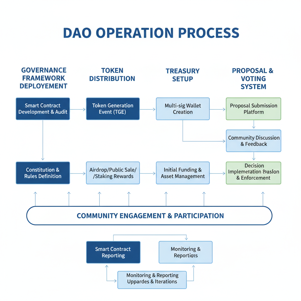 Flowchart illustrating the three core pillars of DAO: Decentralized, Autonomous, Organizational.