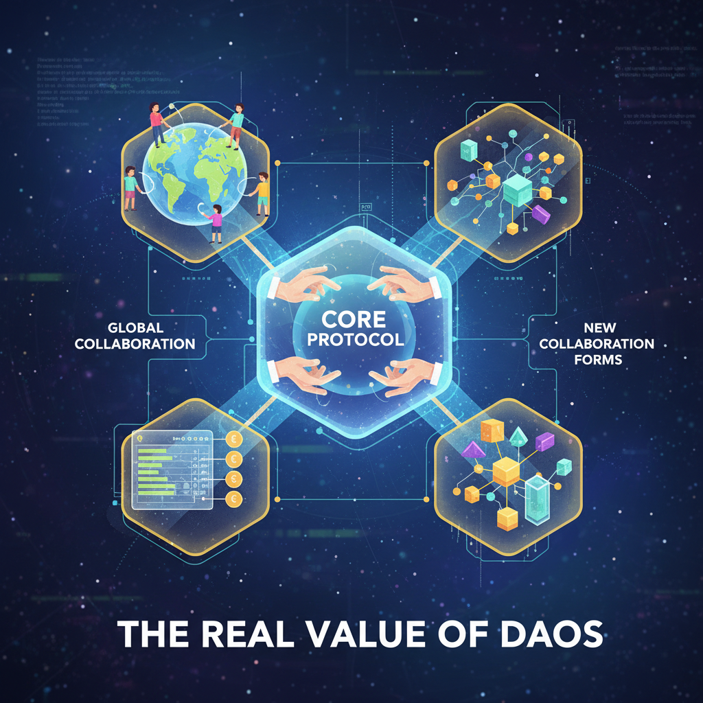 Illustration showing the real value of DAOs in managing protocols, enabling global collaboration, ensuring financial transparency, and exploring new collaboration forms.
