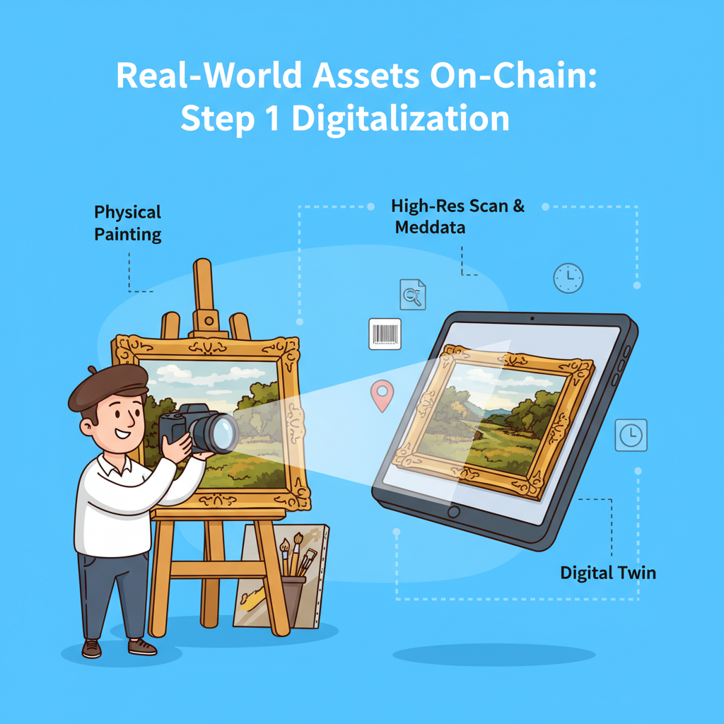 Illustration of the process of real-world assets going on-chain using digitalization, tokenization, custodial services, and blockchain circulation. Display a step-by-step process in cartoon style.