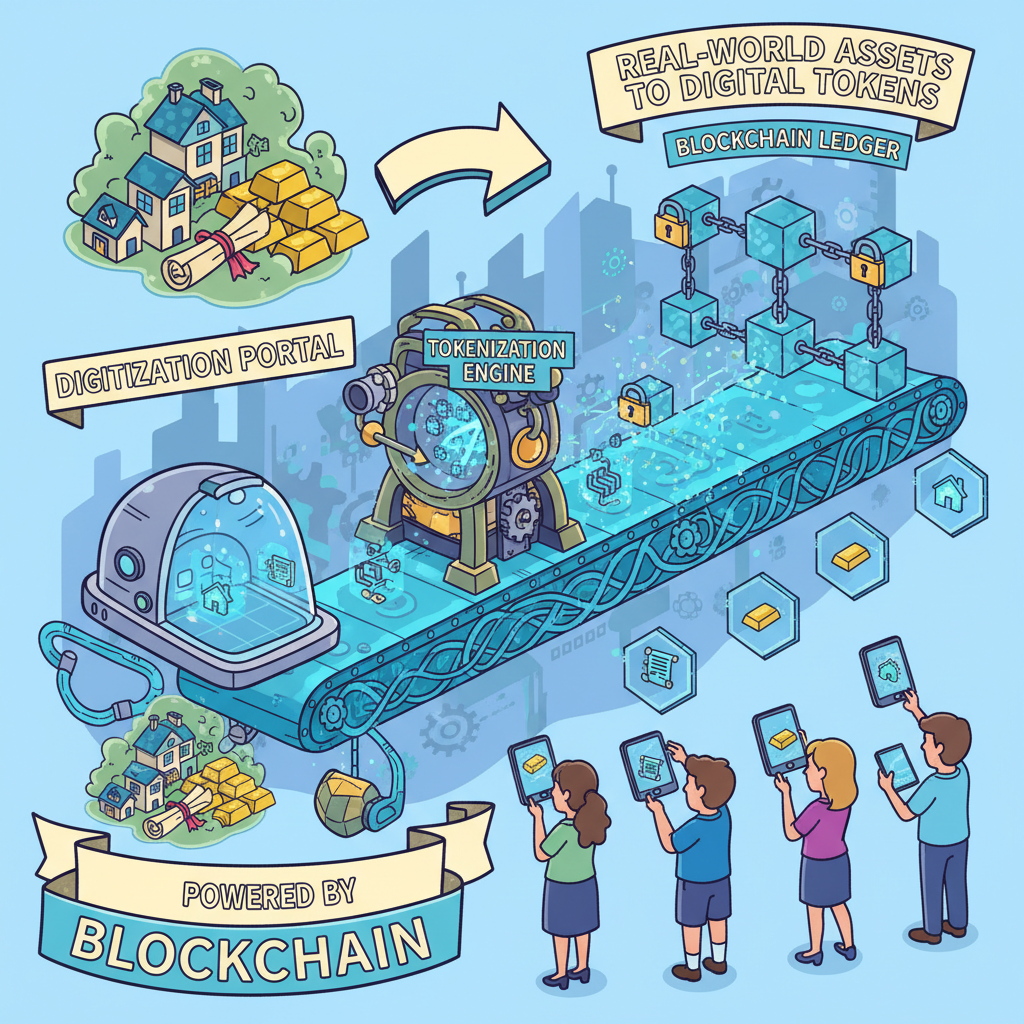 Cartoon-style illustration of turning real-world assets like real estate, bonds, and gold into digital tokens using blockchain technology. Show a process of digitization and tokenization.