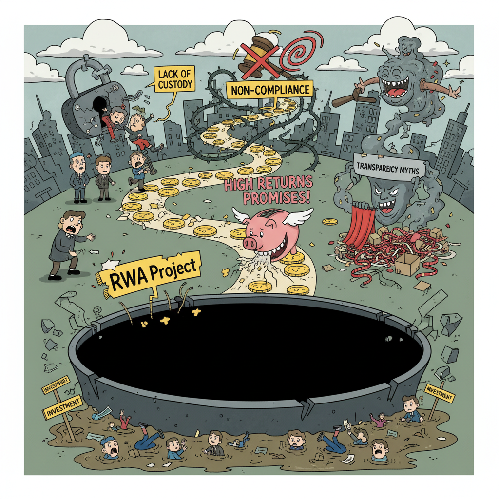 Illustration of potential risks and traps associated with improperly managed RWA projects, using a cartoon style to depict issues like lack of custody, non-compliance, high returns promises, and transparency myths.