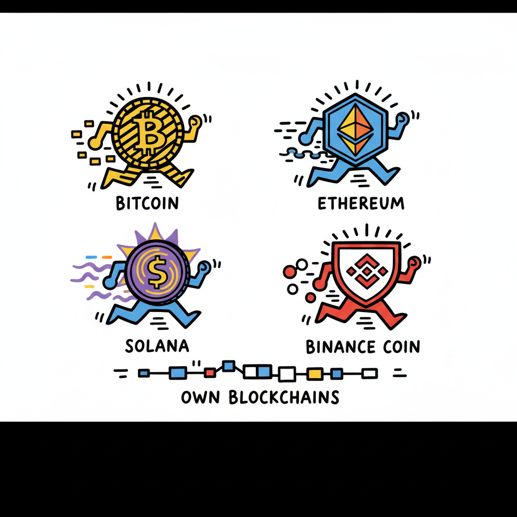 Illustration of Bitcoin, Ethereum, Solana, Binance Coin, representing Coins running on their own blockchains.