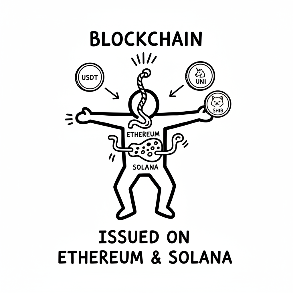 Depiction of Tokens like USDT, UNI, SHIB, showing their reliance on existing blockchains like Ethereum and Solana for issuance.