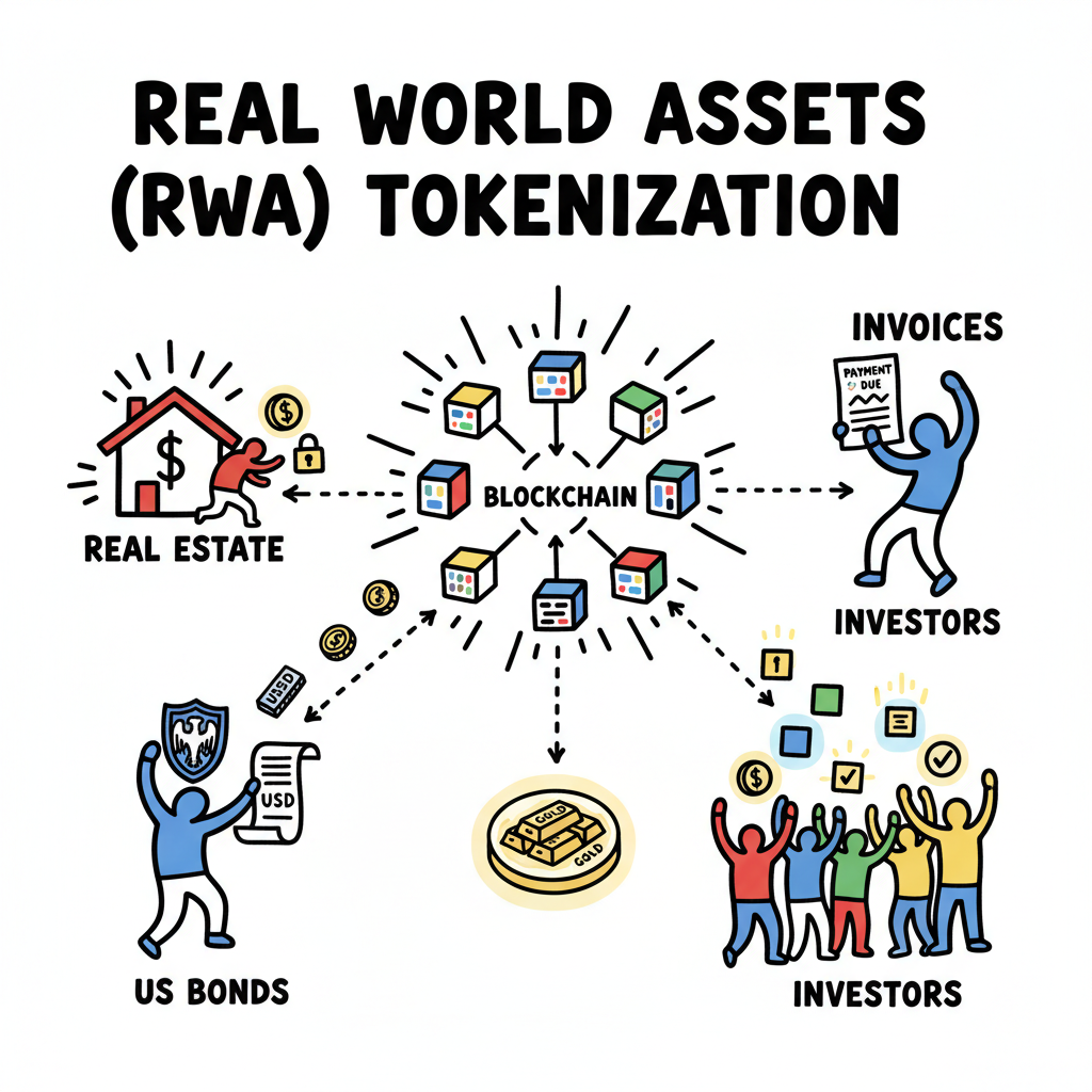Real World Assets (RWA) concept, illustrating the tokenization of real estate, US bonds, gold, and invoices through blockchain technology.