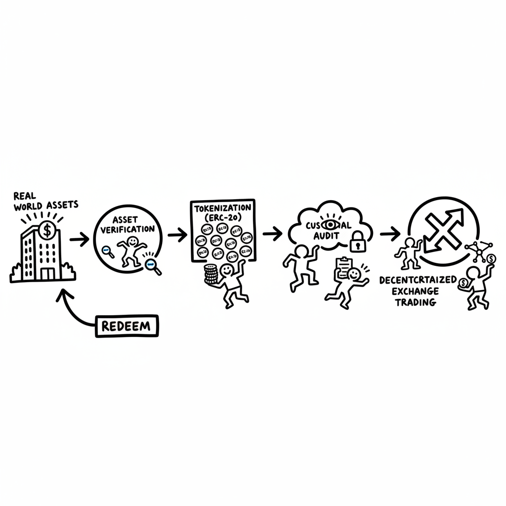 Diagram of the process of bringing Real World Assets on-chain, showing asset verification, tokenization (ERC-20 tokens), custodial audit, and decentralized exchange trading.