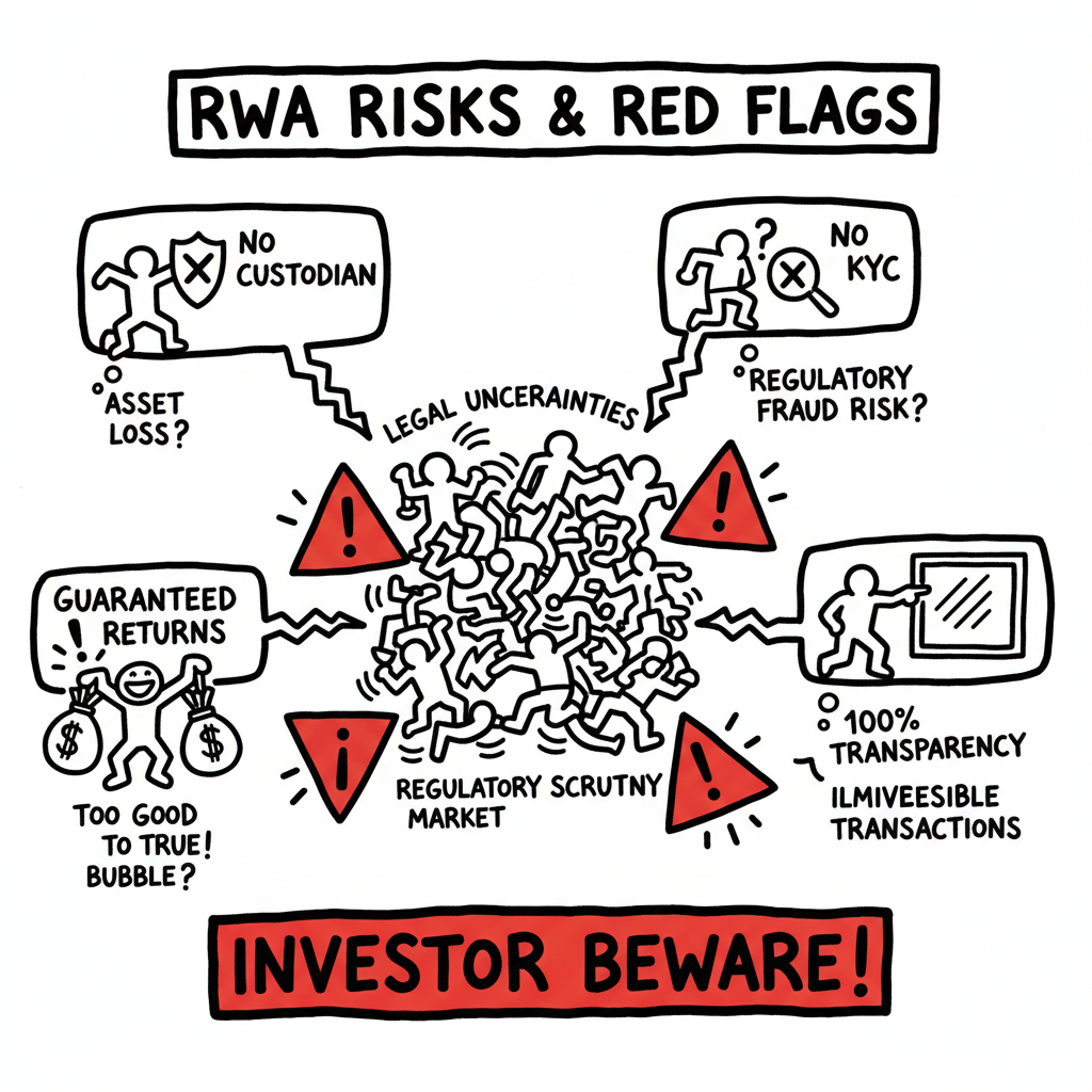 Chart illustrating common risks associated with RWA, including phrases like 'No Custodian', 'No KYC', 'Guaranteed Returns', and '100% Transparency', with warnings and legal concerns.