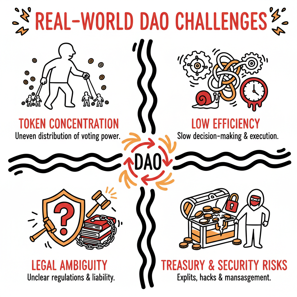 DAO 现实困境图示：代币集中、效率低、法律模糊、金库与安全风险