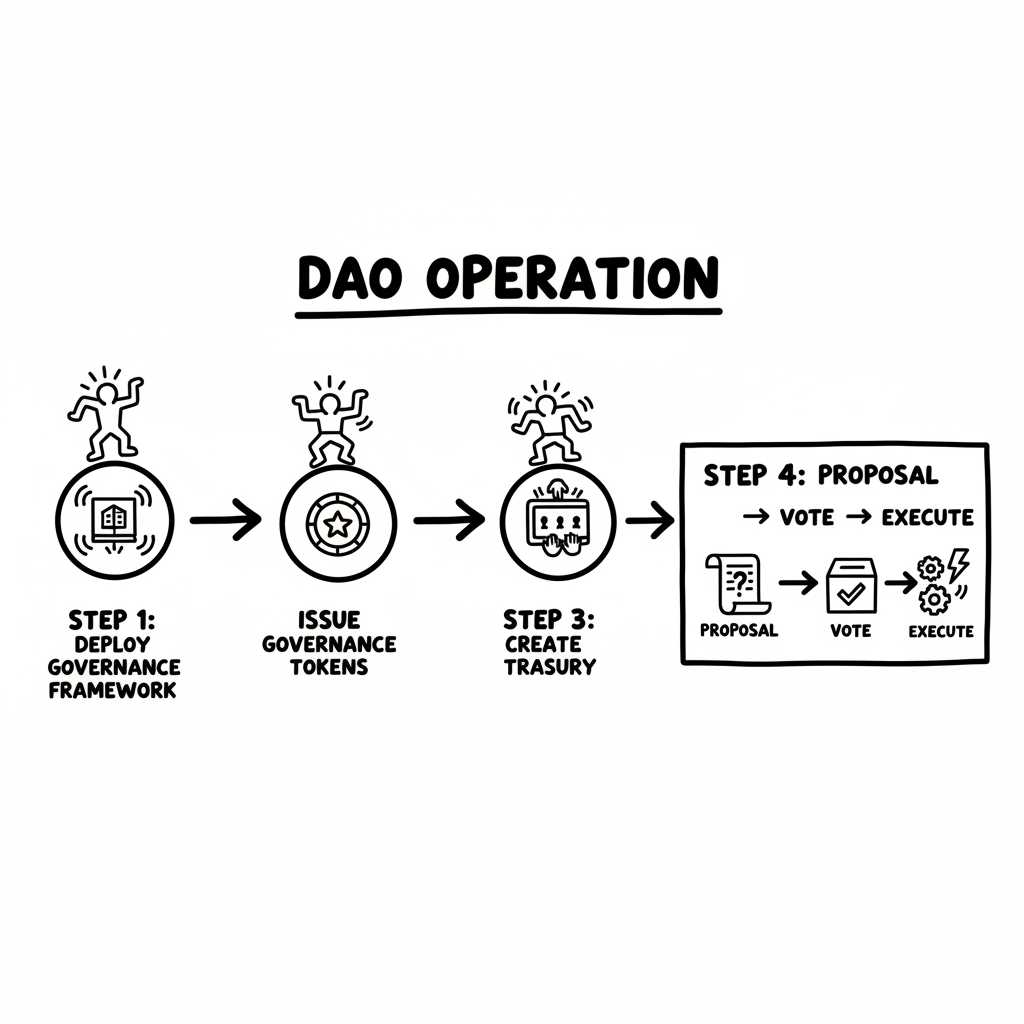 DAO 运作流程图：部署治理框架、发行代币、建立金库、提案投票执行