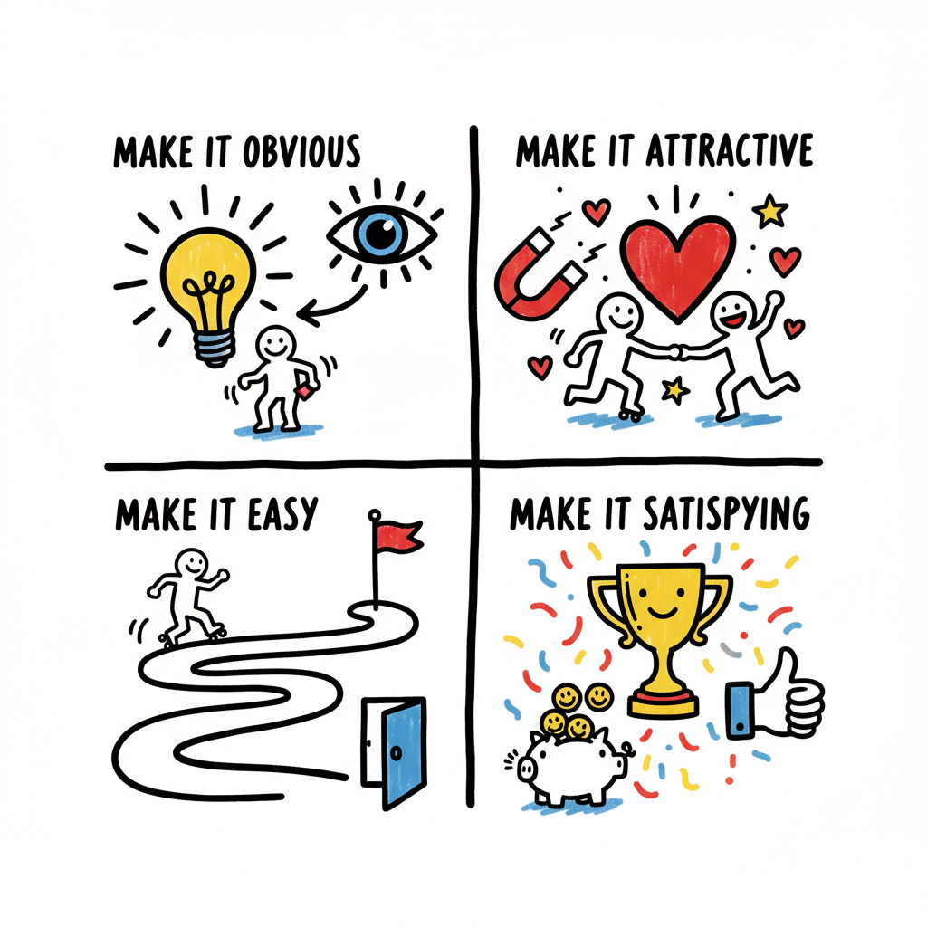 A visual representation of the four laws of behavior change: Make it Obvious, Attractive, Easy, and Satisfying.