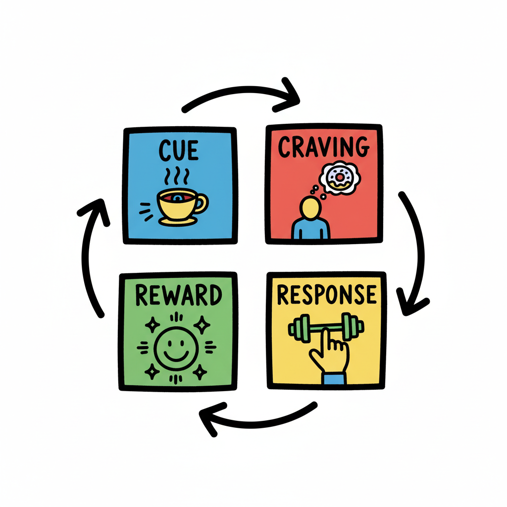 An infographic showcasing the four-step model of habit formation: Cue, Craving, Response, and Reward.