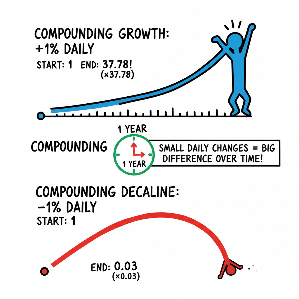 Illustration of the concept of compounding growth, featuring a visual graph showing a 1% daily improvement and a contrasting scenario of 1% decline.