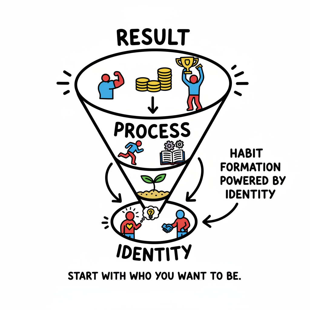 A diagram illustrating the three layers of change; Result, Process, and Identity, demonstrating the importance of identity in habit formation.