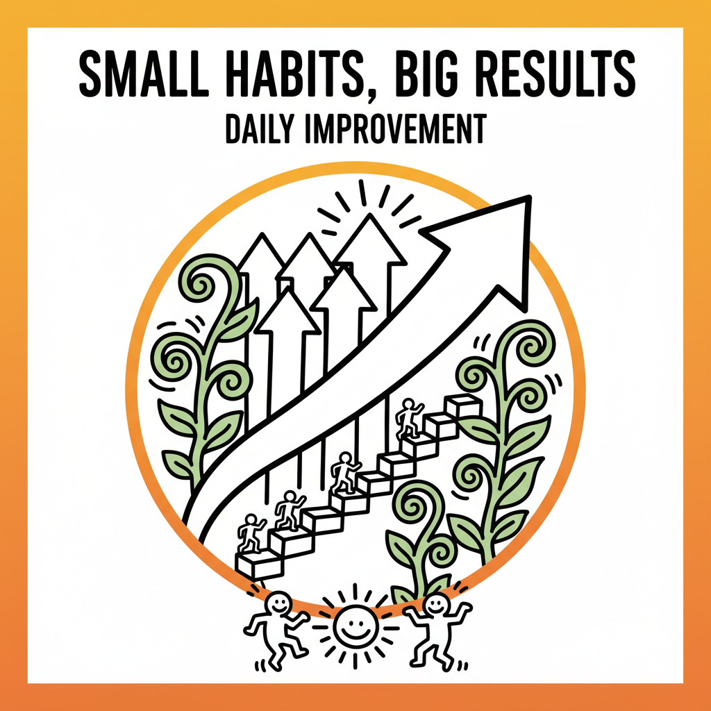 A motivational cover image illustrating the power of small habits and daily improvement, featuring a gradient background with inspiring typography and symbols of growth.