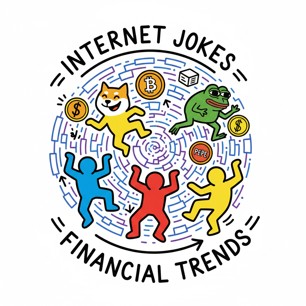 迷因币从互联网玩笑到金融潮流的演变，Dogecoin与Pepe等热门代币在区块链网络背景中漂浮的多彩封面图