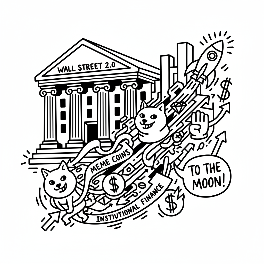 华尔街与数字金融融合，传统大楼与全息迷因角色叠加，象征 Dogecoin ETF 等主流金融采纳