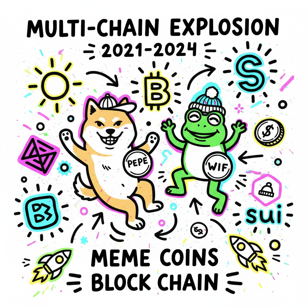 多链时代迷因币爆发：Shiba Inu、Pepe、Dogwifhat 与 Solana、Base、Sui 标志的霓虹拼贴，展现 2021–2024 热潮